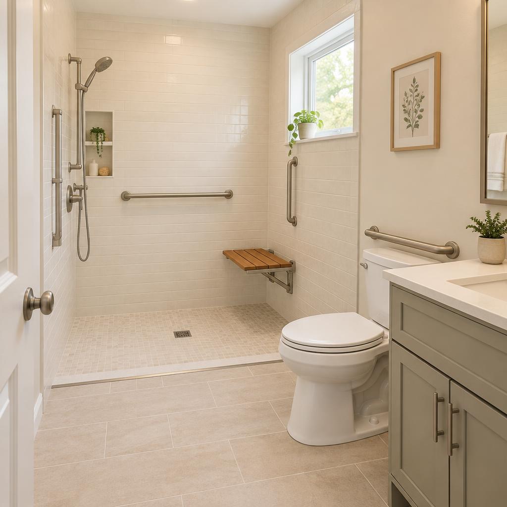 Same bathroom after conversion to a curbless walk-in shower with grab bars, fold-down seat and comfort-height toilet