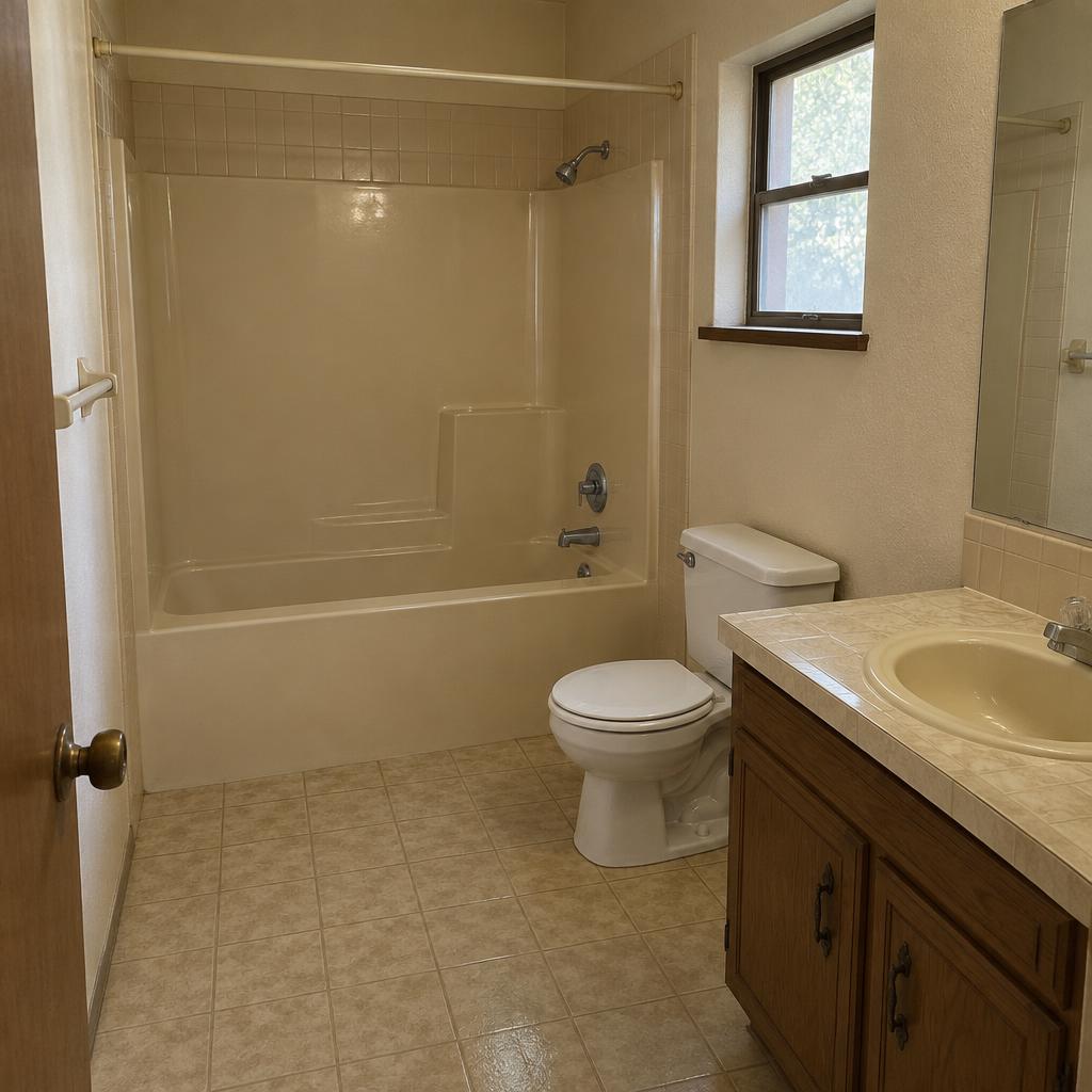 Dated 1980s Austin ranch bathroom with a high step-over fiberglass tub before accessibility renovation