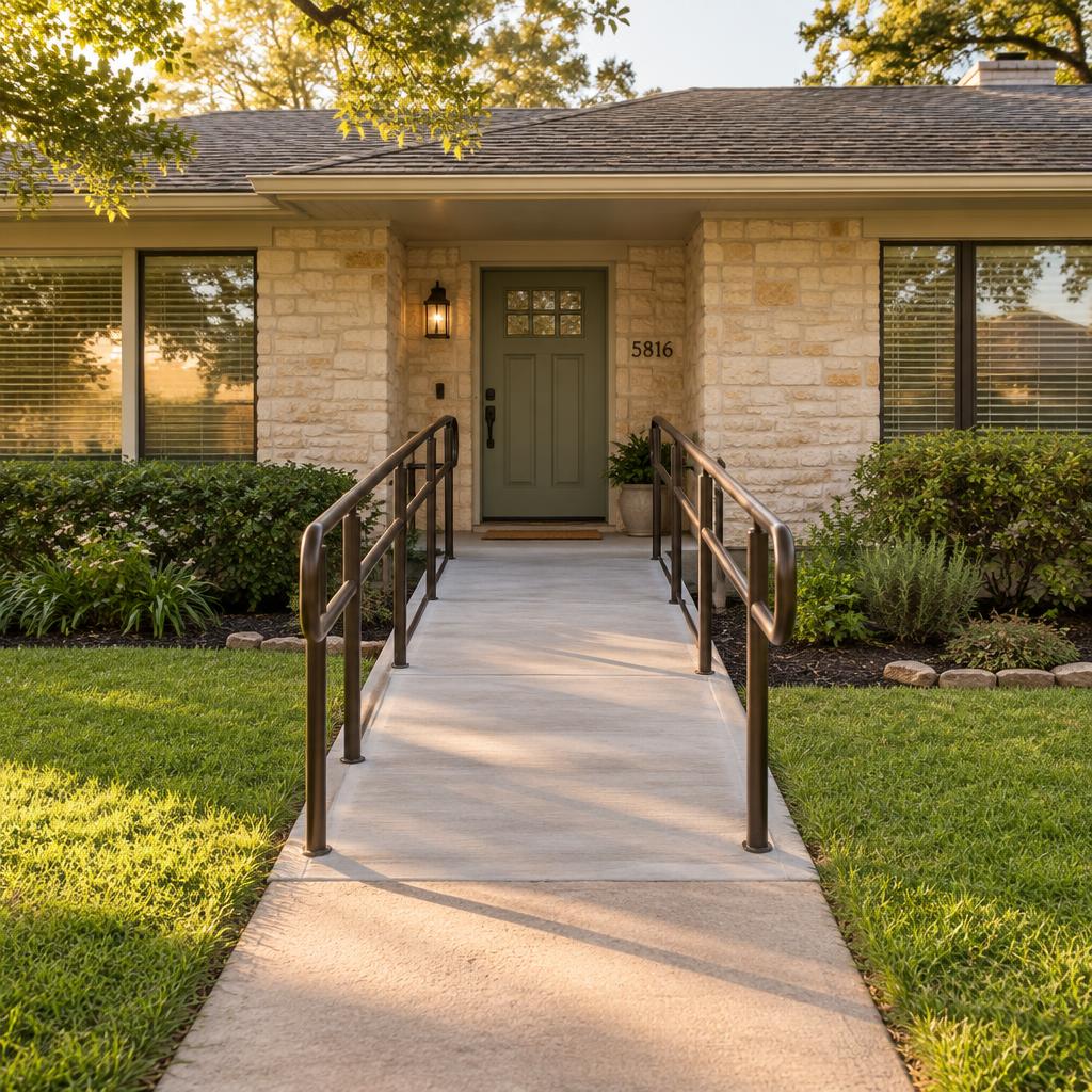 Same Austin ranch entry after a concrete accessibility ramp with bronze handrails replaced the steps
