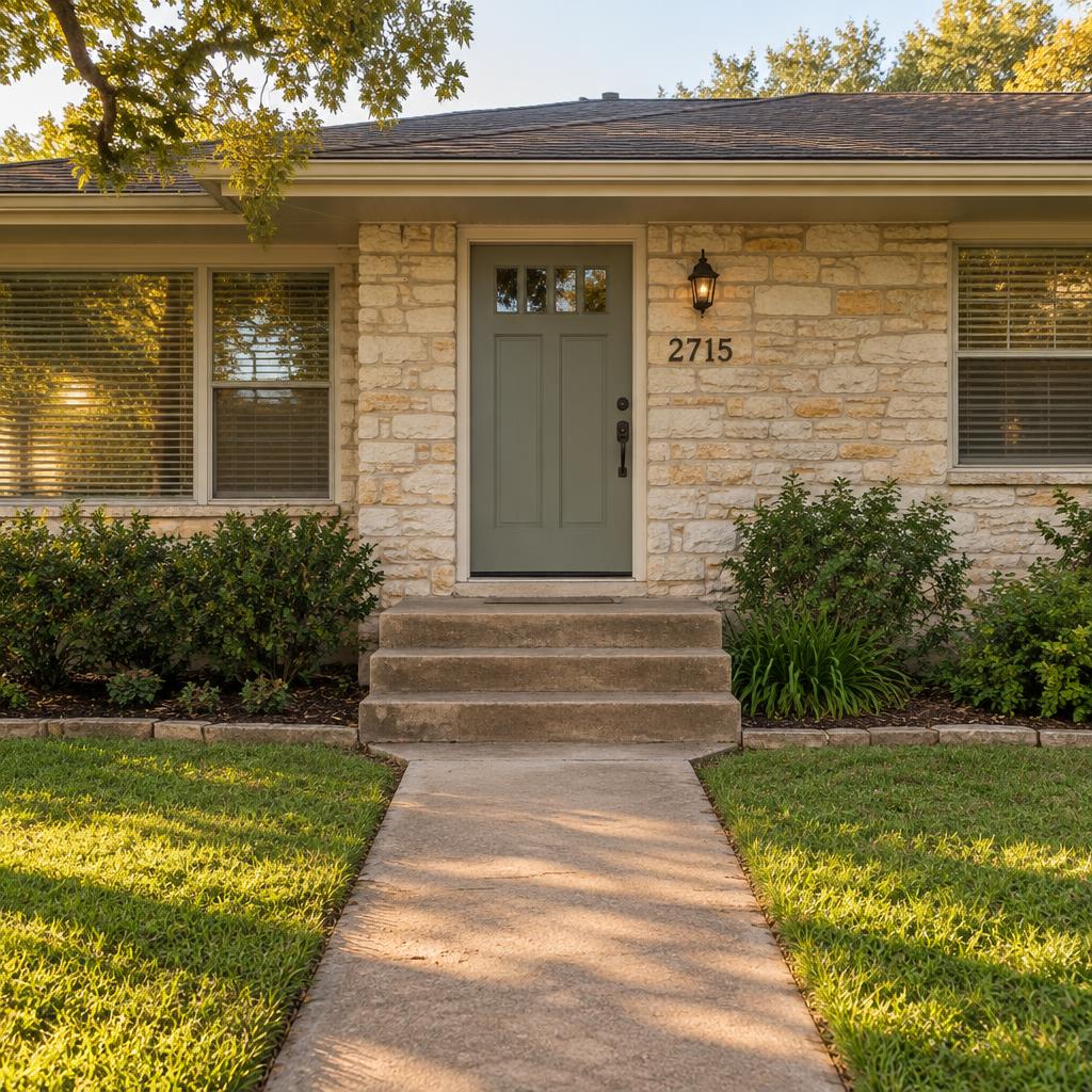 Austin limestone ranch front entry with three tall concrete steps and no railing before ramp installation