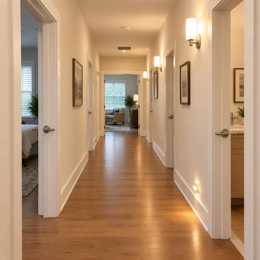 Same hallway after doorways were widened, lever handles installed and warm sconce lighting added