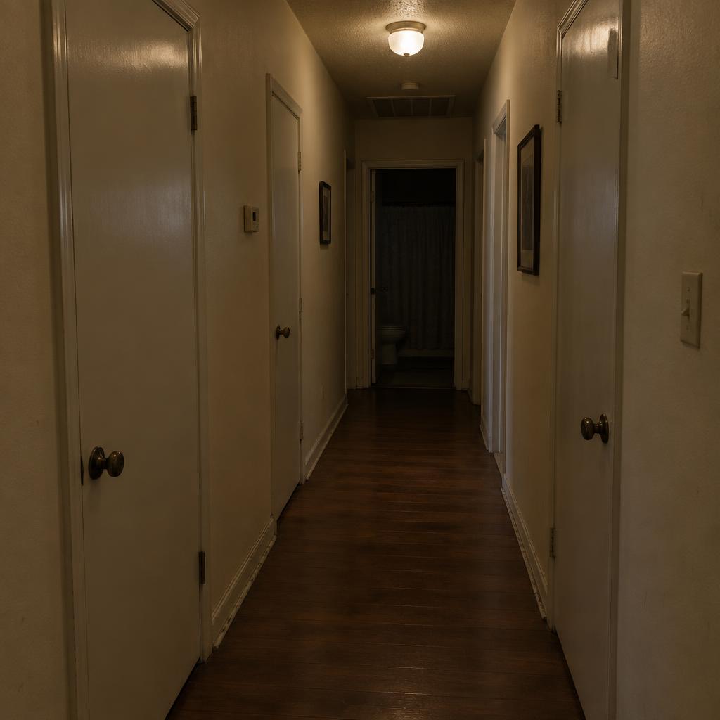 Narrow dim Austin home hallway with round doorknobs and a single ceiling light before accessibility work