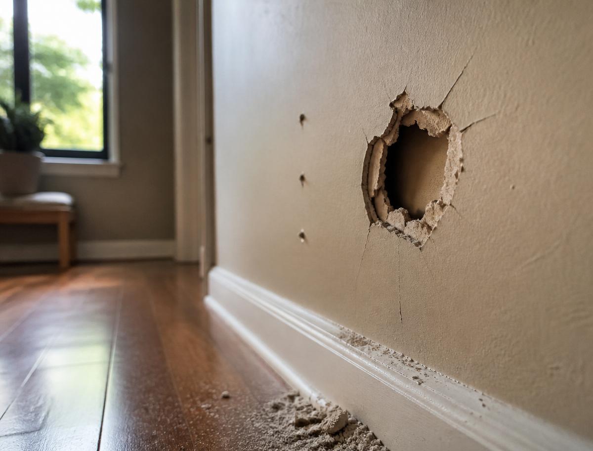 Interior wall with a hole, nail pops, and drywall dust before repair