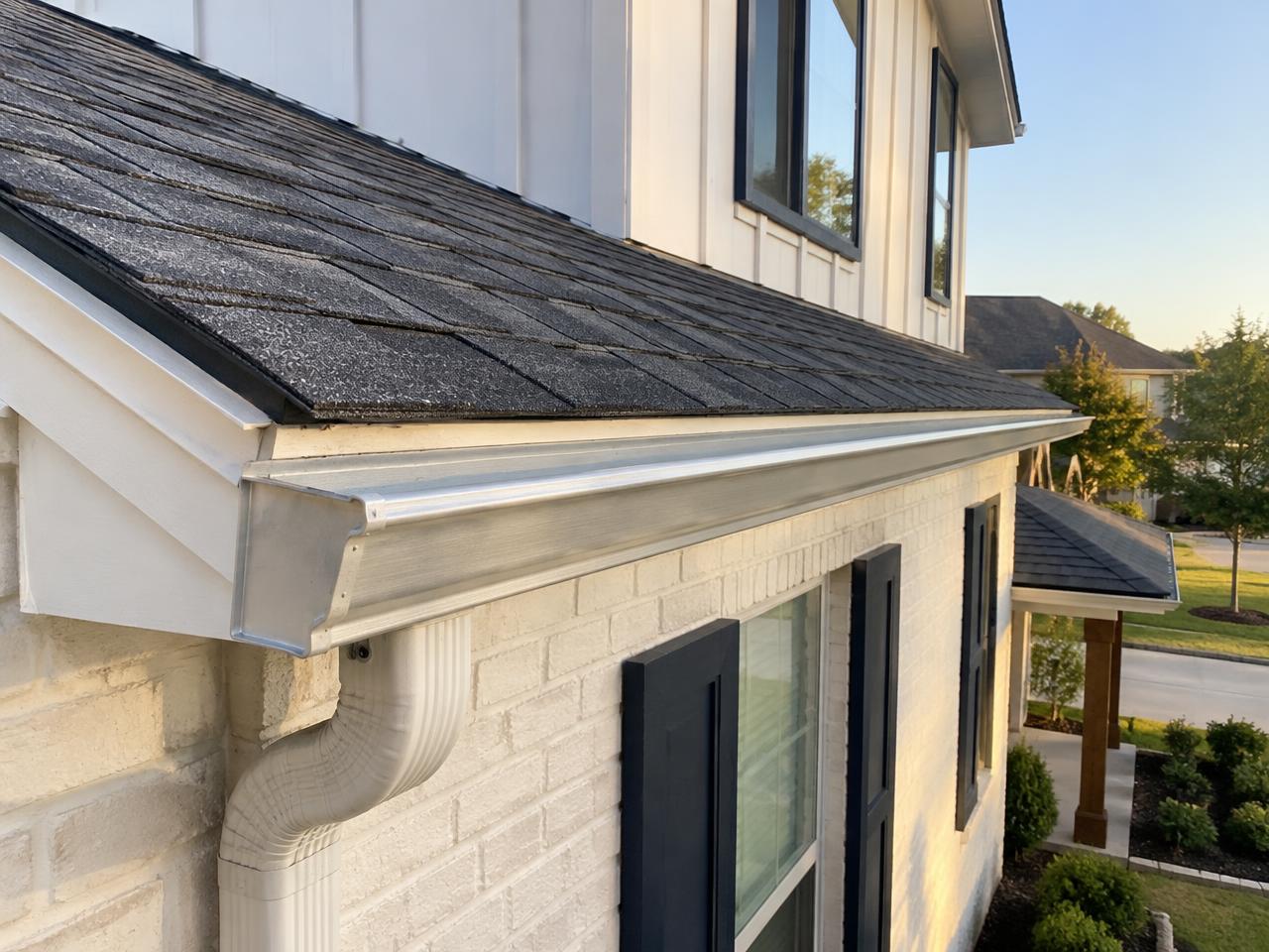 Same Round Rock gutter cleared to clean bare metal with a clear downspout after cleaning
