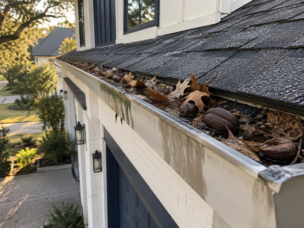 Clogged gutter packed with wet leaves and pecan pods on a two-story Round Rock home before cleaning