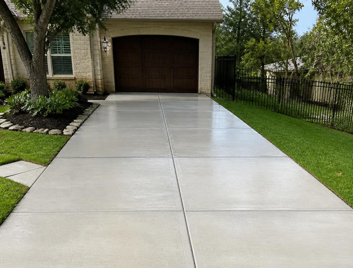 Same driveway freshly cleaned and bright gray after pressure washing