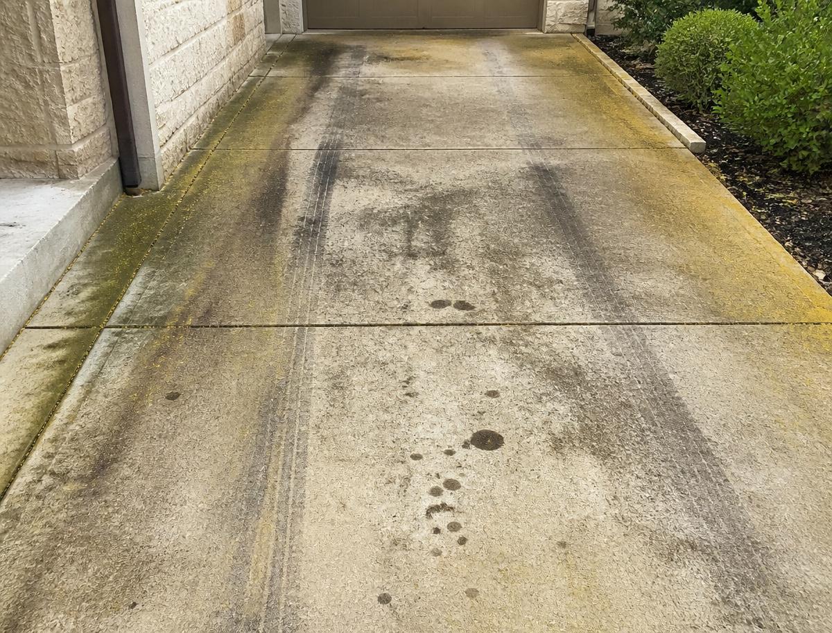 Stained concrete driveway with algae, tire marks, and oil before pressure washing