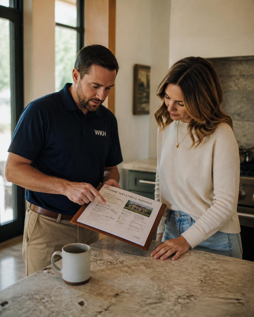 Well Kept Home ATX coordinator reviewing an Austin homeowner's maintenance plan on the front porch
