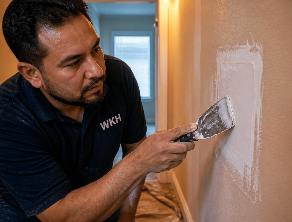 Technician smoothing a fresh drywall patch on an interior hallway wall