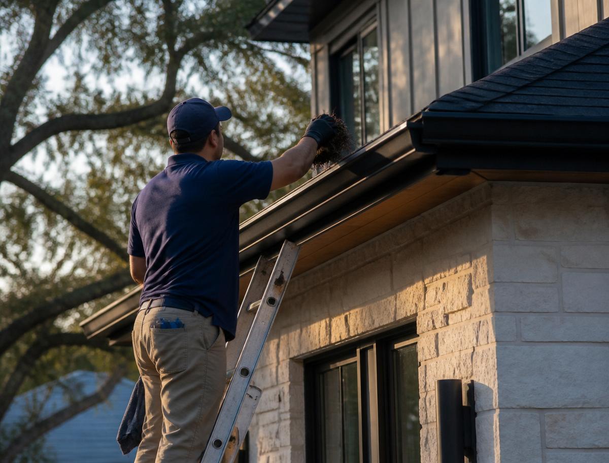 Technician clearing leaves from a gutter on an Austin limestone home at golden hour