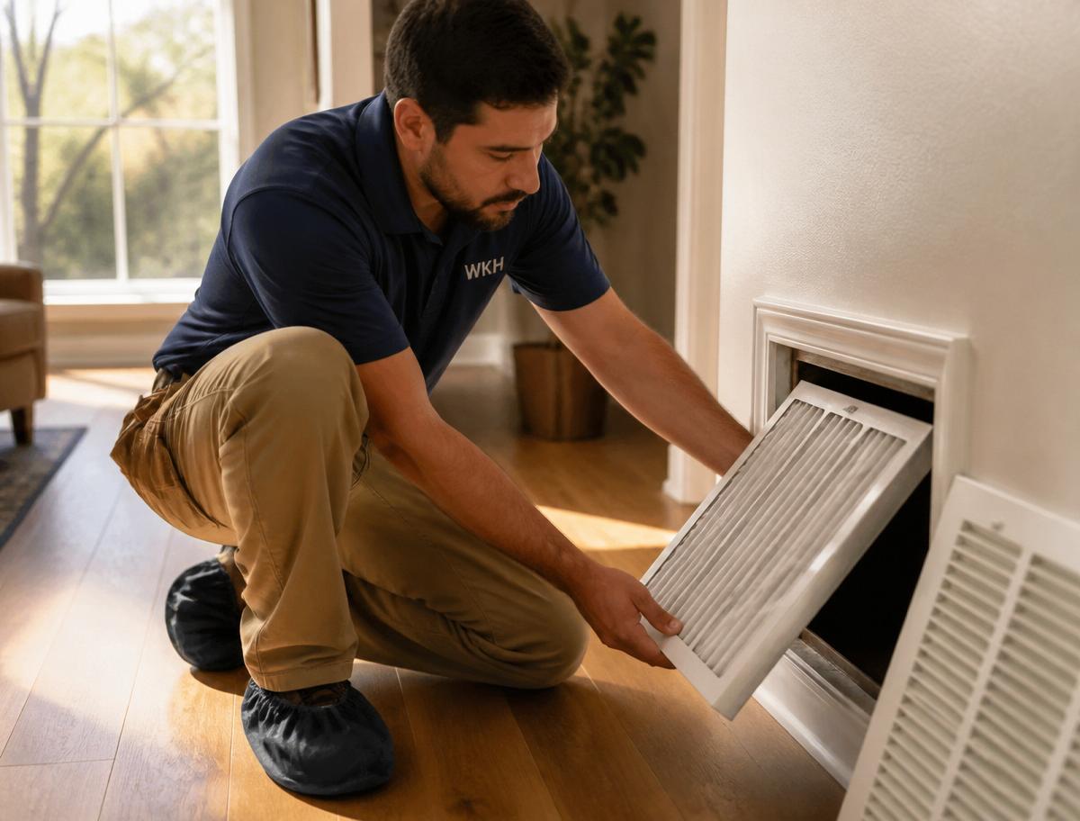 Well Kept Home technician replacing an HVAC return filter inside an Austin home