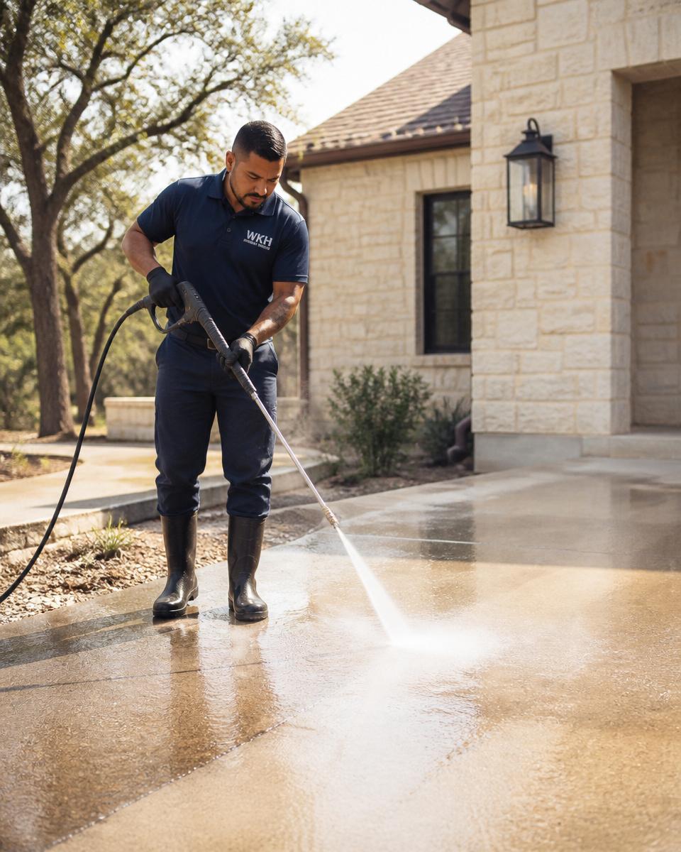 Well Kept Home technician pressure-washing an Austin driveway