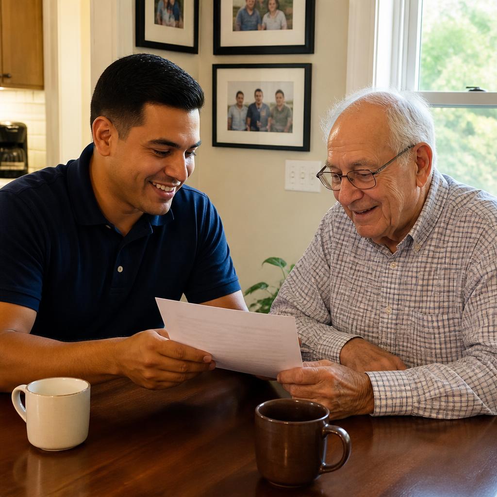 Technician walking an Austin homeowner through a printed home wellness report